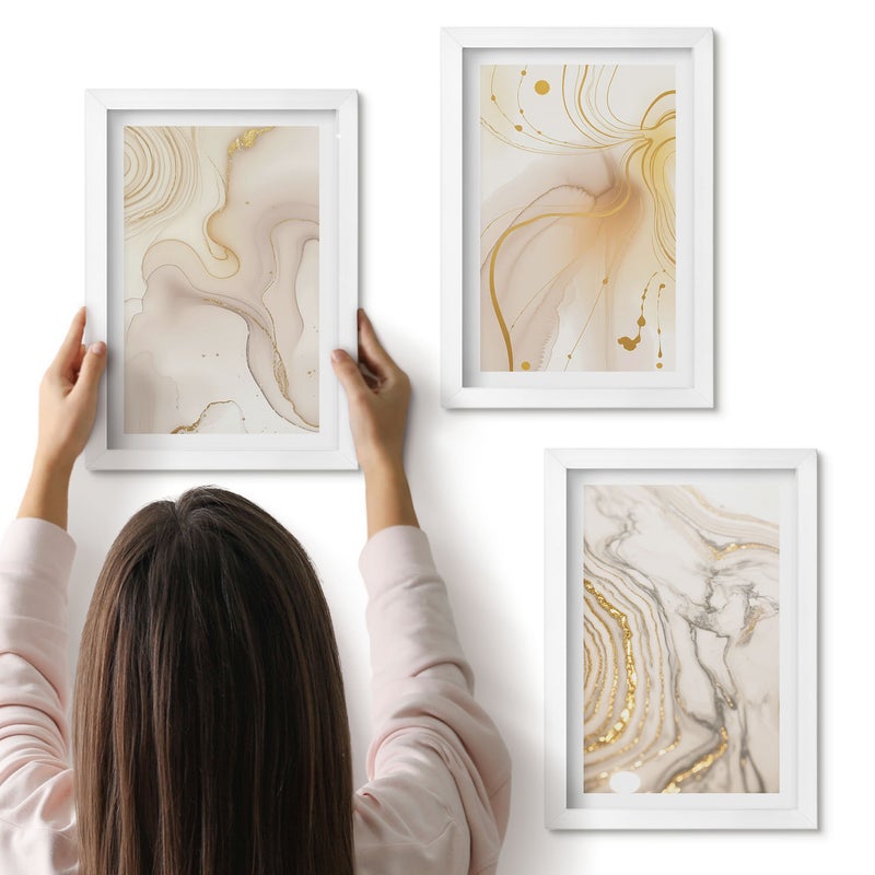 Galeria ścienna 3-częściowy komplet obrazów w białych ramach - Subtelne abstrakcyjne wzory rozlanych farb - ArtPrintCave