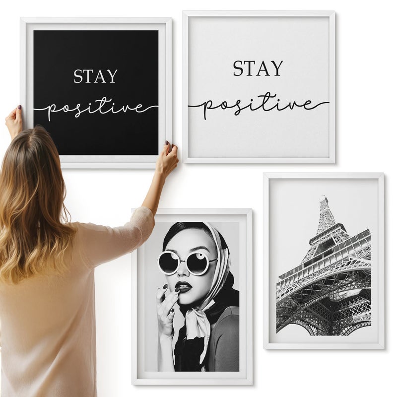 Galeria ścienna 4-częściowy komplet obrazów w białych ramach - Portrety francuski wieża Eiffla inspirujące hasła - ArtPrintCave