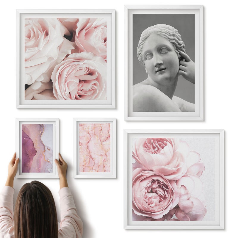 Galeria ścienna 5-częściowy komplet obrazów w białych ramach - Kwiatowe akcenty z rzeźbą w stylu klasycznym - ArtPrintCave