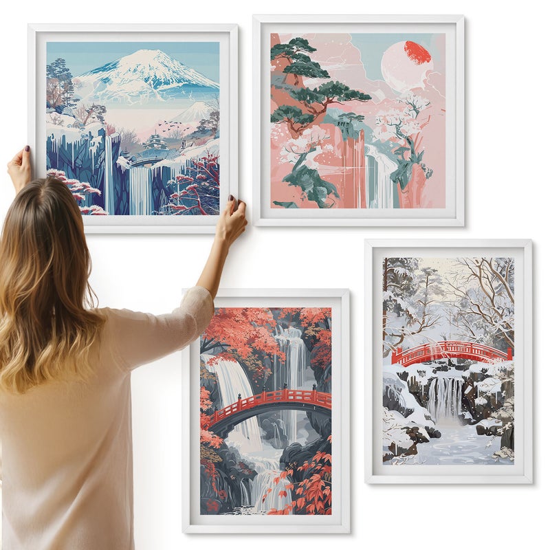 Galeria ścienna 4-częściowy komplet obrazów w białych ramach - Krajobrazy górskie i wodospady w różnych porach roku - ArtPrintCave