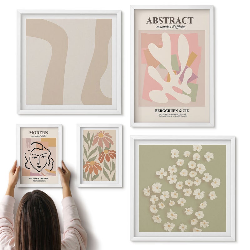 Galeria ścienna 5-częściowy komplet obrazów w białych ramach - Stylowe abstrakcje i kwiatowe motywy do wnętrz - ArtPrintCave