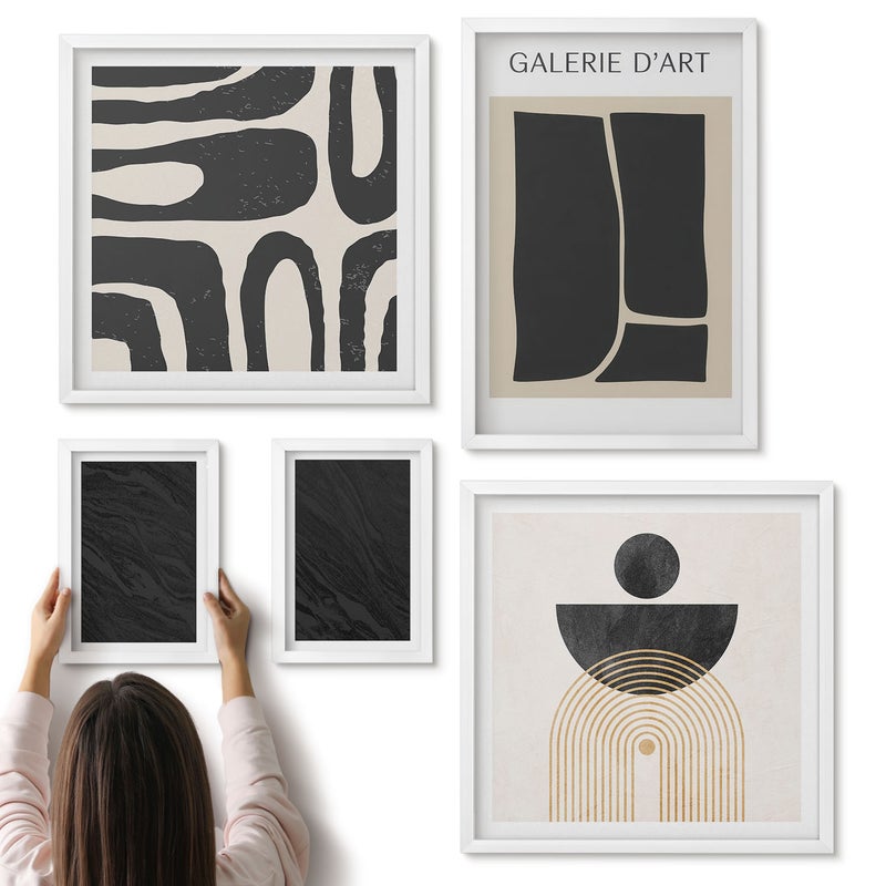 Galeria ścienna 5-częściowy komplet obrazów w białych ramach - Abstrakcyjne formy i ciemny marmur - ArtPrintCave