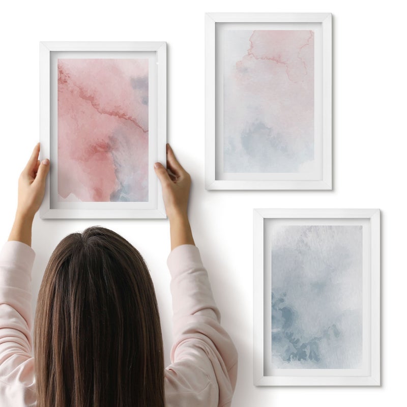 Galeria ścienna 3-częściowy komplet obrazów w białych ramach - Pastelowe akwarele na płótnie kolorowe tekstury - ArtPrintCave