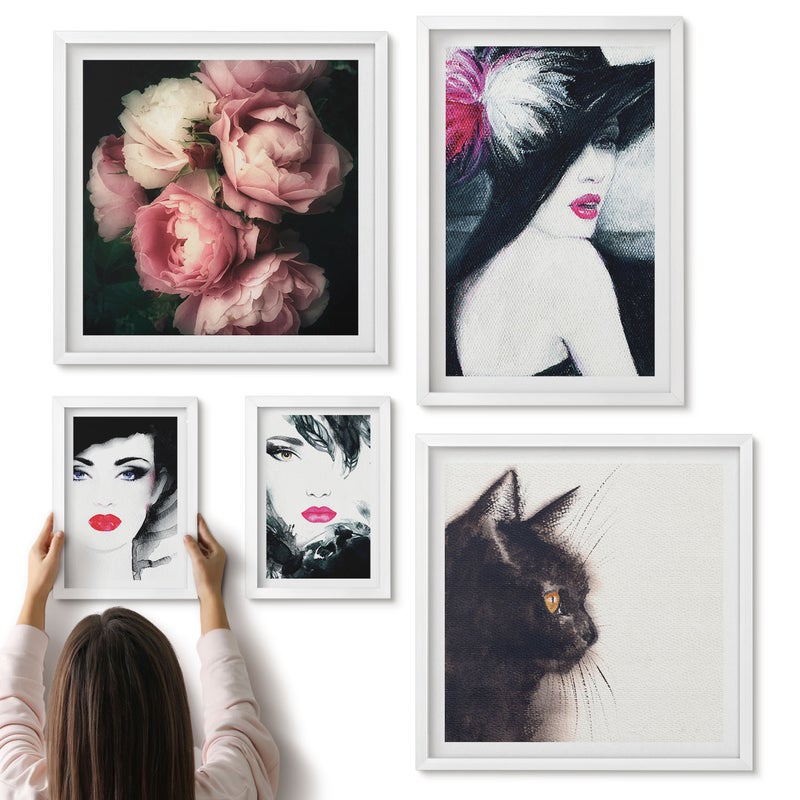 Galeria ścienna 5-częściowy komplet obrazów w białych ramach - Stylowe portrety kobiet z różami i kotem - ArtPrintCave