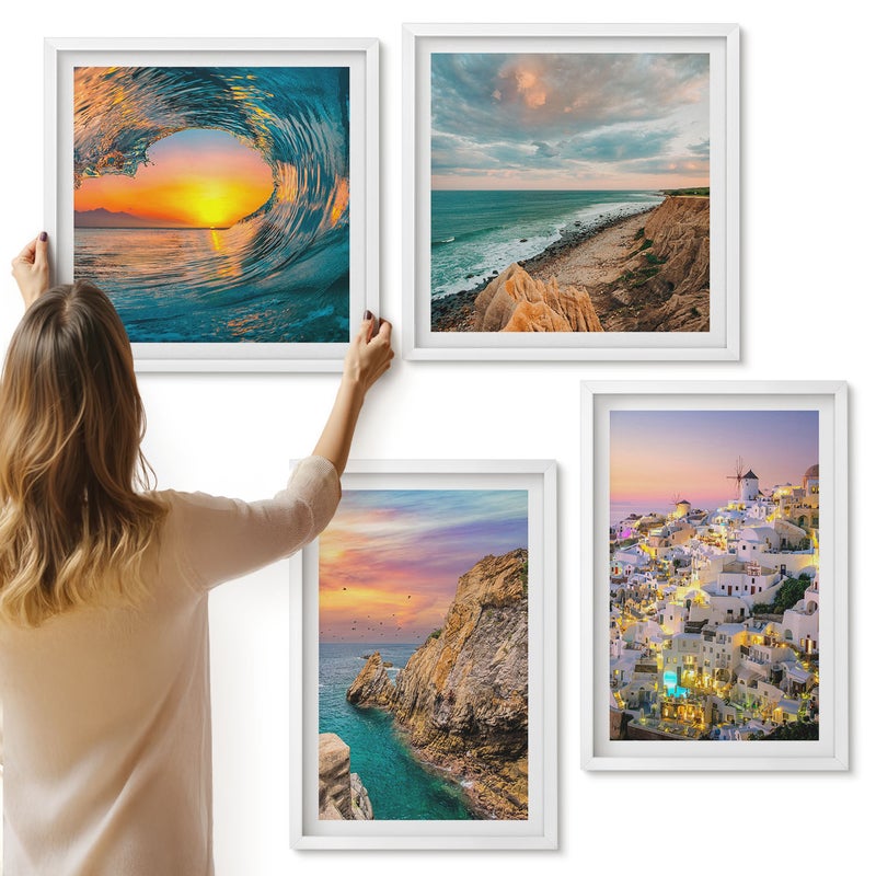Galeria ścienna 4-częściowy komplet obrazów w białych ramach - Widoki morza fale i białe domy w Santorini Grecja - ArtPrintCave