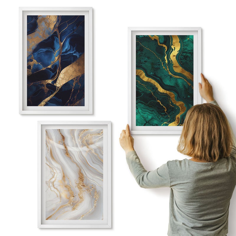 Galeria ścienna 3-częściowy komplet obrazów w białych ramach - Abstrakcyjne wzory w odcieniach niebieskiego i zielonego - ArtPrintCave