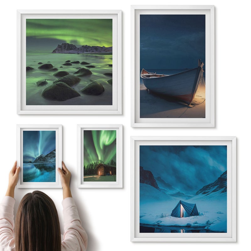 Galeria ścienna 5-częściowy komplet obrazów w białych ramach - Zimowe pejzaże z zorzą polarną i nocnym niebem - ArtPrintCave