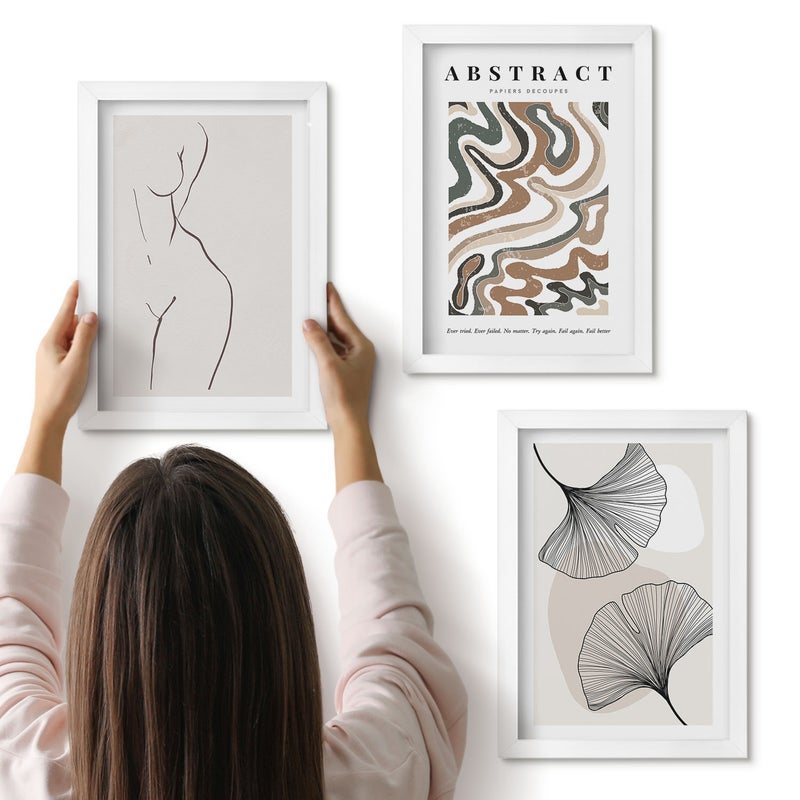 Galeria ścienna 3-częściowy komplet obrazów w białych ramach - Abstrakcyjny poster kobiece kształty liście styl boho - ArtPrintCave