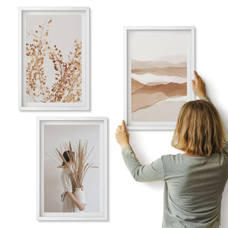 Galeria ścienna 3-częściowy komplet obrazów w białych ramach - Roślinne motywy abstrakcja styl rustykalny boho - ArtPrintCave