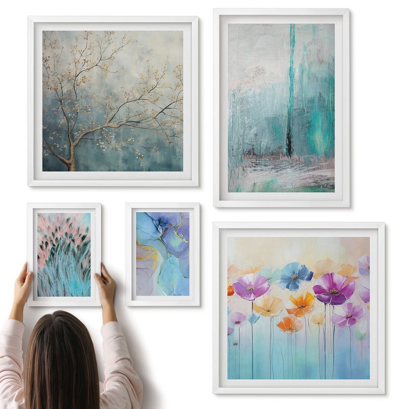 Galeria ścienna 5-częściowy komplet obrazów w białych ramach - Abstrakcyjne pejzaże z kwiatami i delikatnymi motywami - ArtPrintCave
