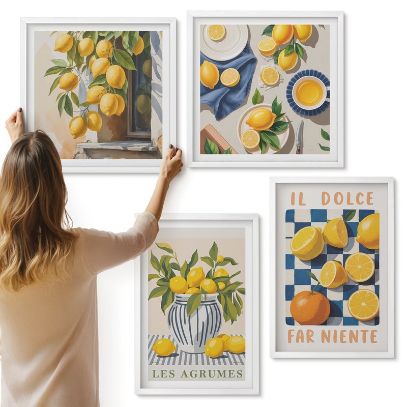 Galeria ścienna 4-częściowy komplet obrazów w białych ramach - Owoce cytrusowe w stylu retro z żółtymi akcentami - ArtPrintCave
