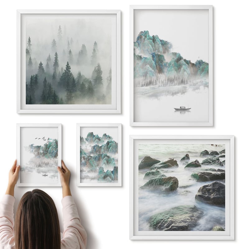 Galeria ścienna 5-częściowy komplet obrazów w białych ramach - Spokojne pejzaże naturalne z wodą i roślinnością - ArtPrintCave