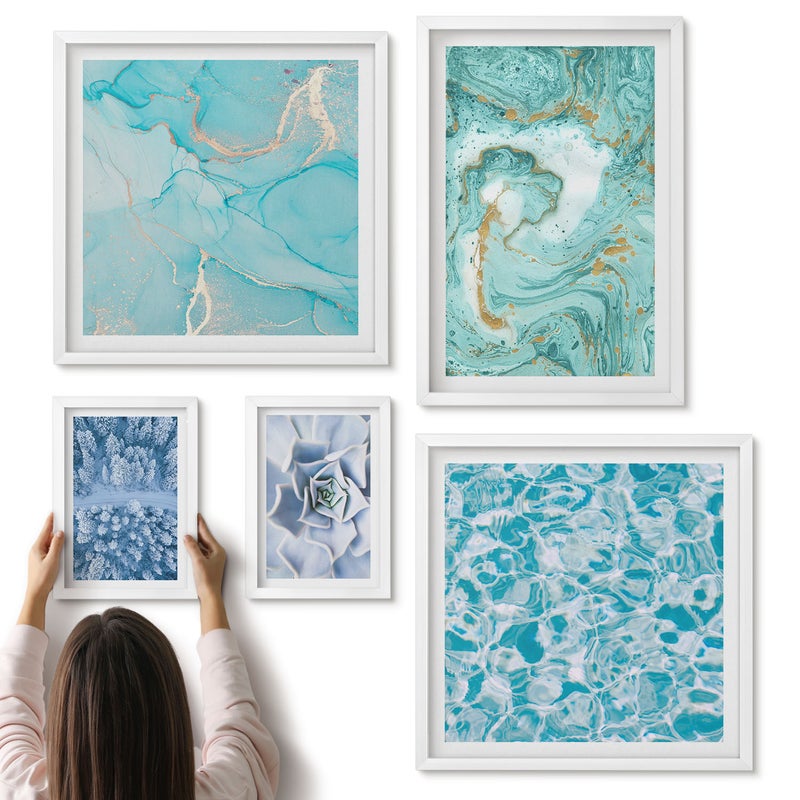 Galeria ścienna 5-częściowy komplet obrazów w białych ramach - Stylowe akcenty w odcieniach turkusu i błękitu - ArtPrintCave