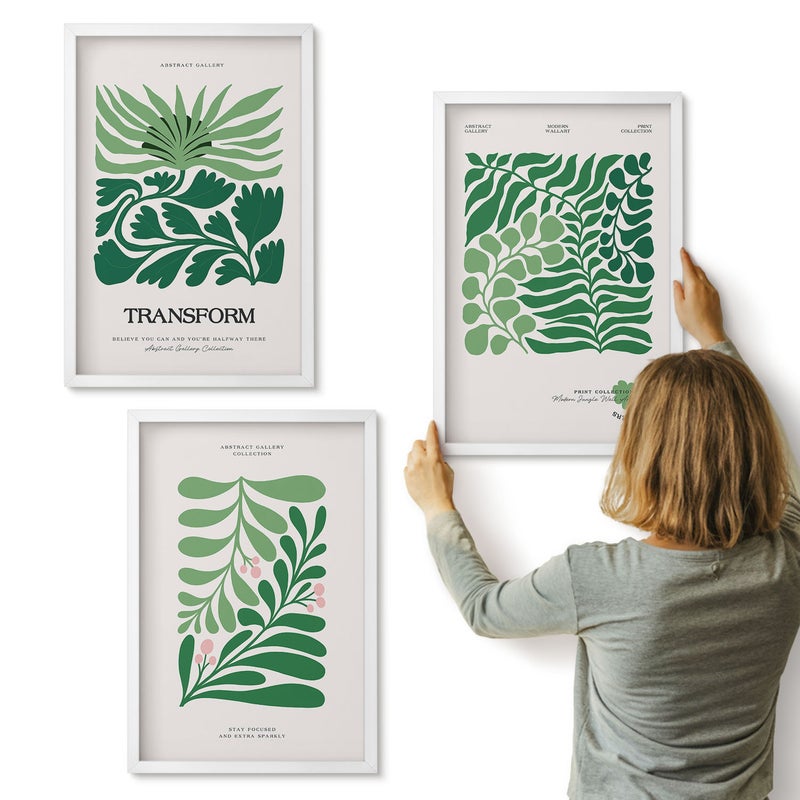 Galeria ścienna 3-częściowy komplet obrazów w białych ramach - Zestaw zielonych liści i roślin w różnych kształtach - ArtPrintCave