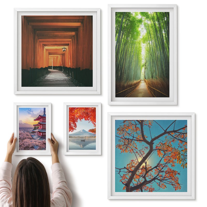 Galeria ścienna 5-częściowy komplet obrazów w białych ramach - Krajobrazy Japonii z bambusami i wiosennymi kwiatami - ArtPrintCave