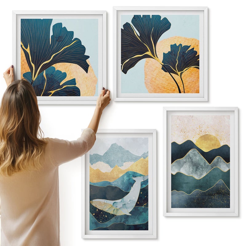 Galeria ścienna 4-częściowy komplet obrazów w białych ramach - Abstrakcyjne estetyczne widoki z górami i roślinami - ArtPrintCave