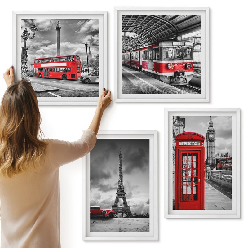 Galeria ścienna 4-częściowy komplet obrazów w białych ramach - Ikony miast Londyn Paryż i transport kolejowy - ArtPrintCave