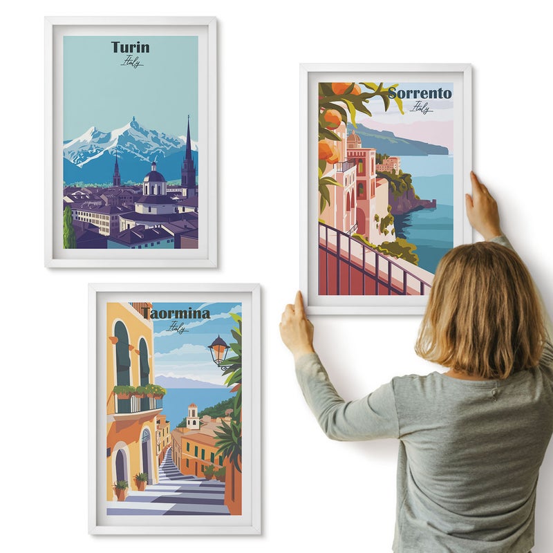Galeria ścienna 3-częściowy komplet obrazów w białych ramach - Kolorowe ilustracyjne widoki miast w stylu retro - ArtPrintCave