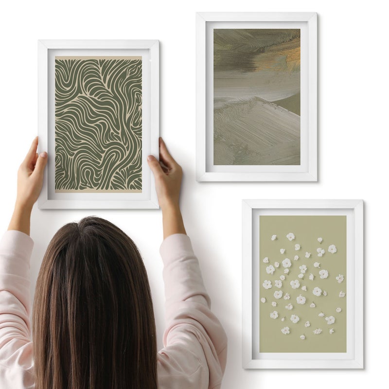 Galeria ścienna 3-częściowy komplet obrazów w białych ramach - Wzory faliste i abstrakcyjne z kwiatami boho - ArtPrintCave
