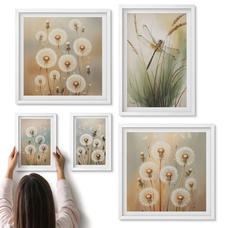 Galeria ścienna 5-częściowy komplet obrazów w białych ramach - Roślinne motywy z ważkami i dmuchawcami w stylu naturalnym - ArtPrintCave