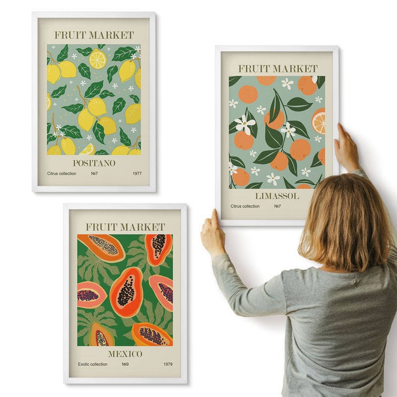 Galeria ścienna 3-częściowy komplet obrazów w białych ramach - Owocowe postery cytryny papaje mandarynki kwiaty - ArtPrintCave