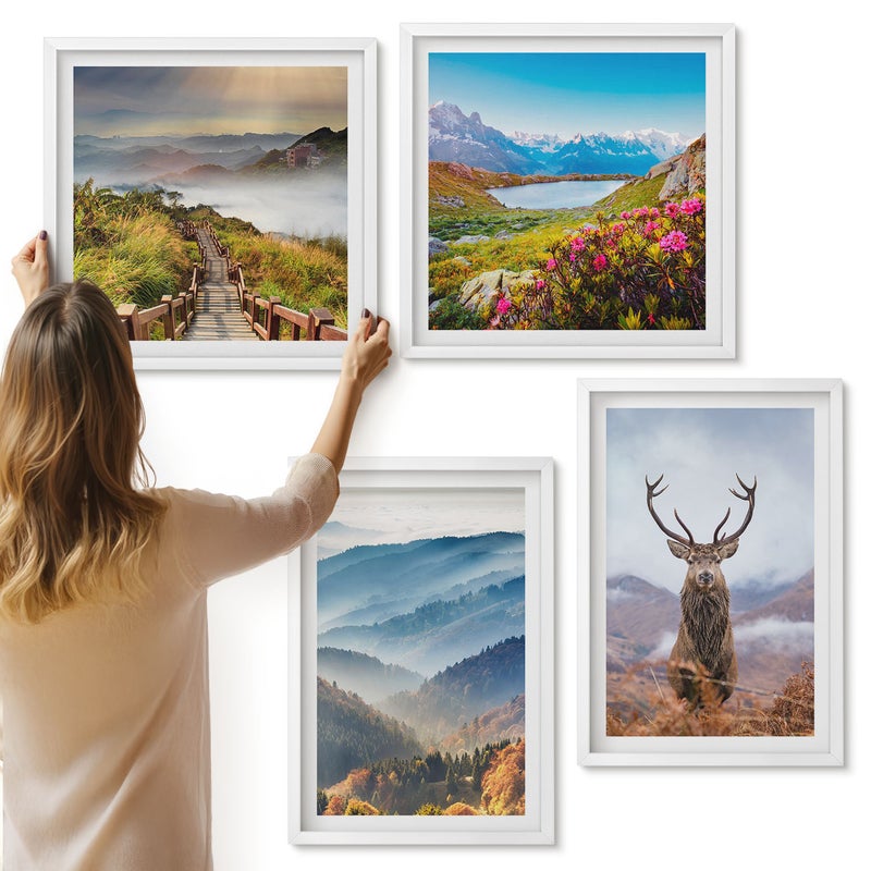 Galeria ścienna 4-częściowy komplet obrazów w białych ramach - Górskie krajobrazy z jeziorem i jeleniem w naturze - ArtPrintCave