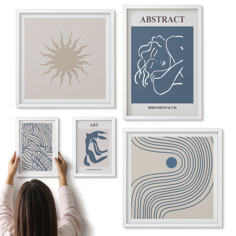 Galeria ścienna 5-częściowy komplet obrazów w białych ramach - Stylowe abstrakcje z geometrycznymi kształtami i liniami - ArtPrintCave