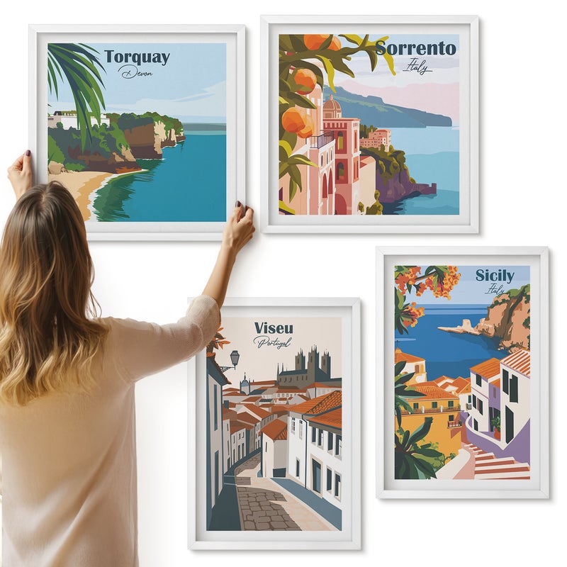 Galeria ścienna 4-częściowy komplet obrazów w białych ramach - Retro ilustracje znanych miast świata - ArtPrintCave