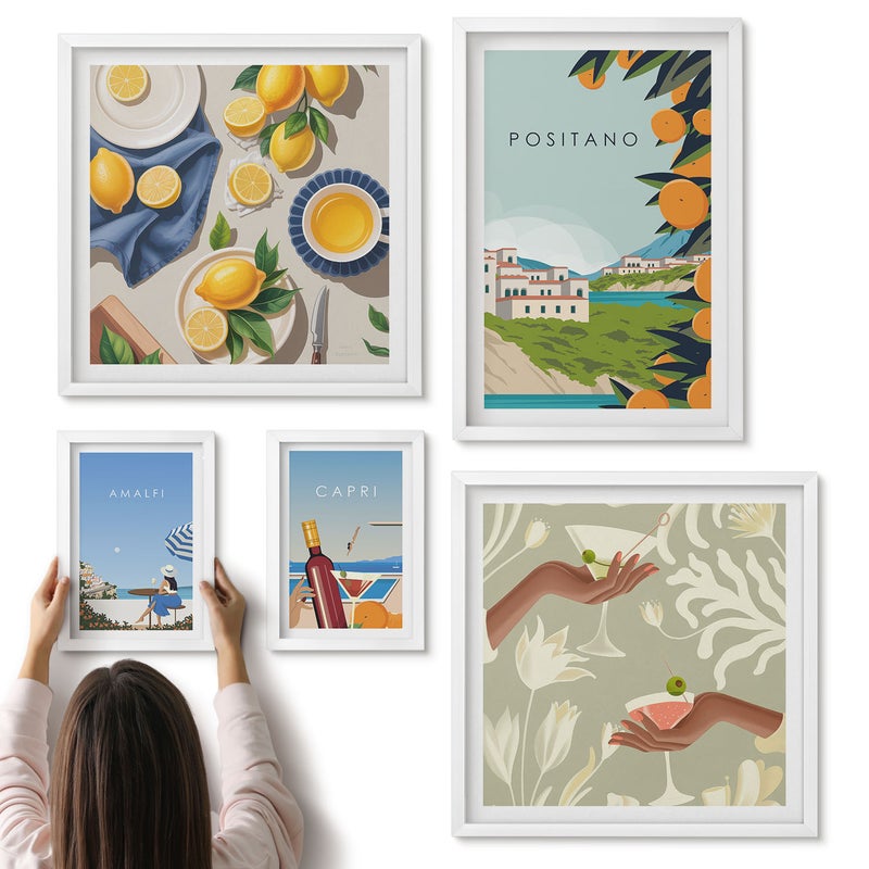 Galeria ścienna 5-częściowy komplet obrazów w białych ramach - Włoskie wakacje widoki na Amalfi i Capri - ArtPrintCave
