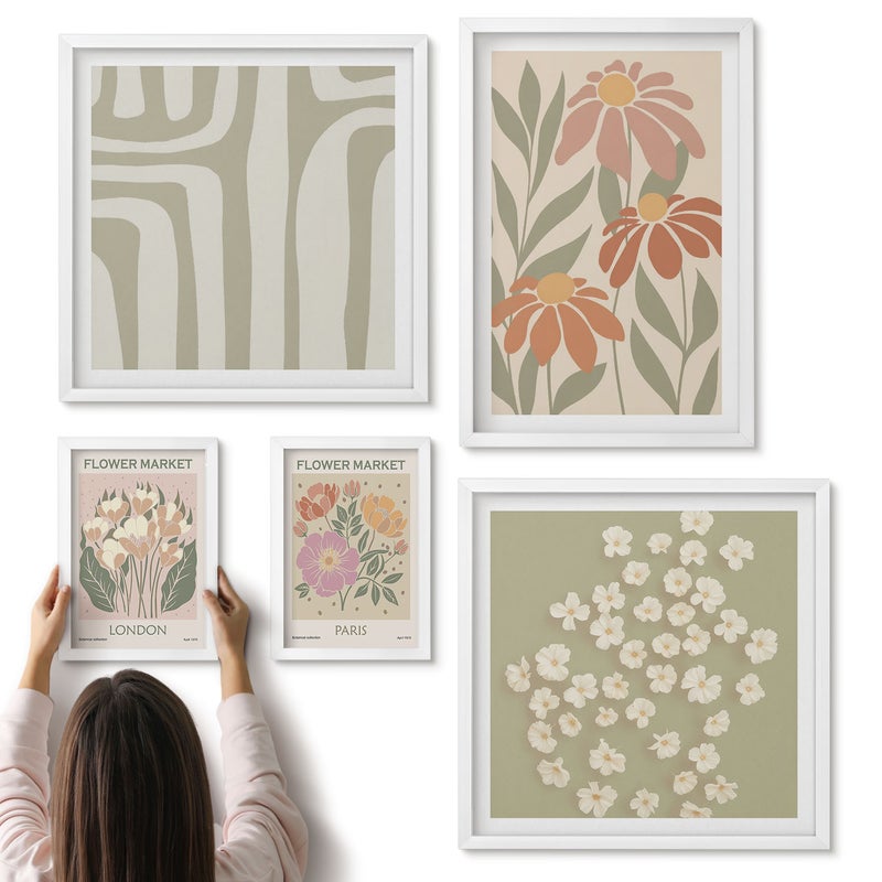 Galeria ścienna 5-częściowy komplet obrazów w białych ramach - Kwiatowe motywy z rynków Londynu i Paryża w stylu boho - ArtPrintCave