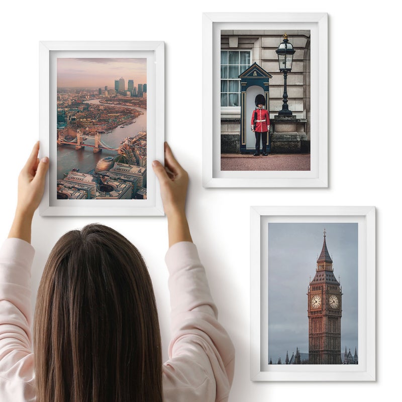 Galeria ścienna 3-częściowy komplet obrazów w białych ramach - Widoki Londynu z mostem i strażnikiem Big Ben - ArtPrintCave