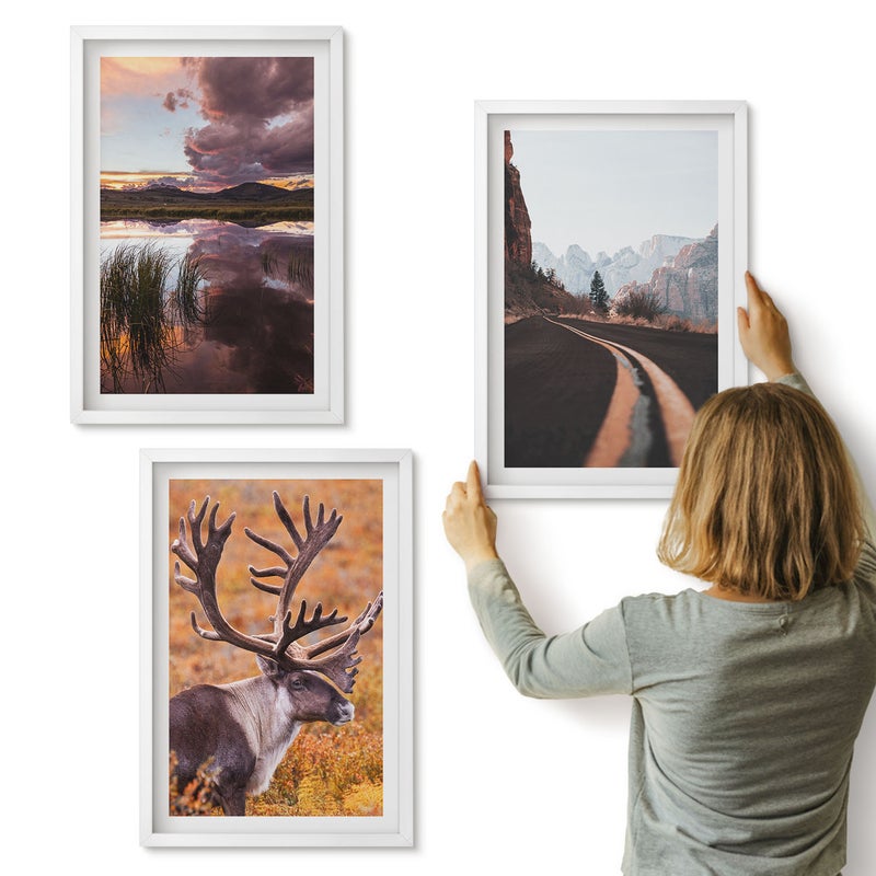 Galeria ścienna 3-częściowy komplet obrazów w białych ramach - Pejzaże górskie z reniferem i drogą w naturze - ArtPrintCave