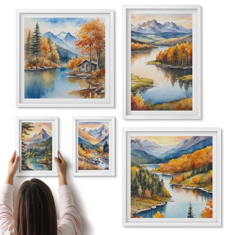 Galeria ścienna 5-częściowy komplet obrazów w białych ramach - Krajobrazy górskie z rzekami i jesiennymi drzewami - ArtPrintCave