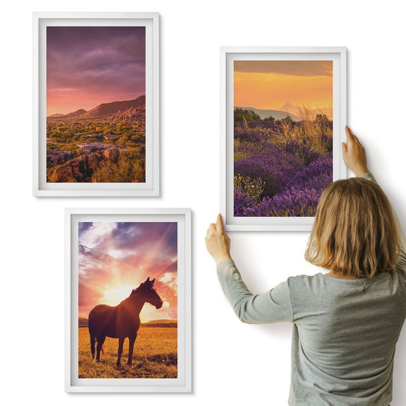 Galeria ścienna 3-częściowy komplet obrazów w białych ramach - Krajobrazy górskie z koniem i polami lawendy - ArtPrintCave