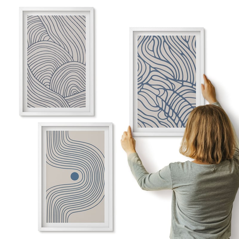 Galeria ścienna 3-częściowy komplet obrazów w białych ramach - Abstrakcyjne linie dekoracyjne kształty fal - ArtPrintCave