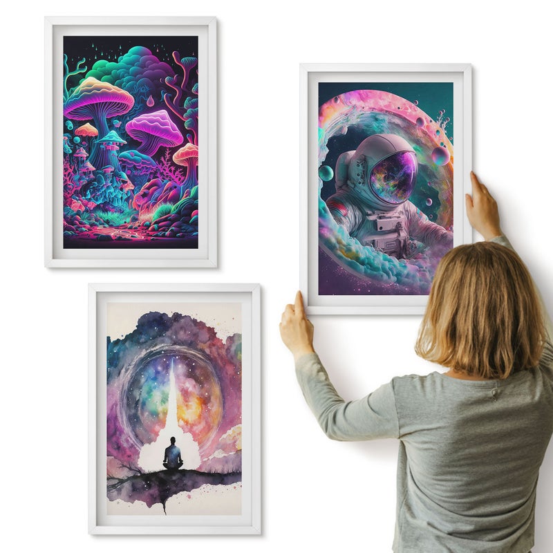Galeria ścienna 3-częściowy komplet obrazów w białych ramach - Kolorowe ilustracje w stylu fantasy sztuka - ArtPrintCave