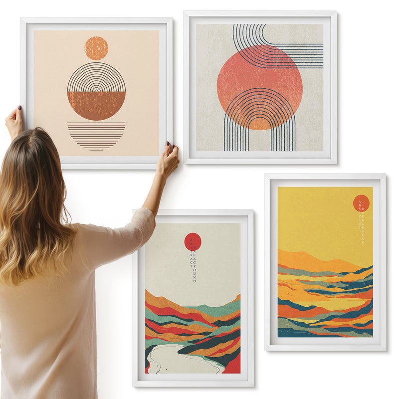 Galeria ścienna 4-częściowy komplet obrazów w białych ramach - Kolorowe wzory gór i rzek styl japandi - ArtPrintCave
