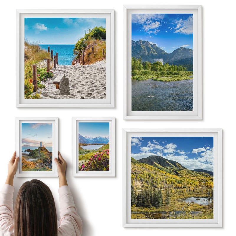 Galeria ścienna 5-częściowy komplet obrazów w białych ramach - Krajobrazy natury z górskimi widokami i plażami - ArtPrintCave