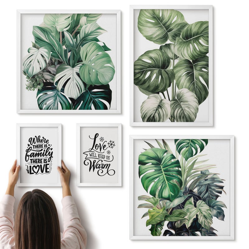 Galeria ścienna 5-częściowy komplet obrazów w białych ramach - Roślinne motywy z inspirującymi cytatami w stylu boho - ArtPrintCave