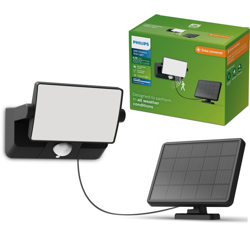 Lampa Solarna Naświetlacz Solarny LED 8.2W 1000lm 3000K Ciepła biel IP44 Czarny z Czujnikiem Ruchu Fyns Philips