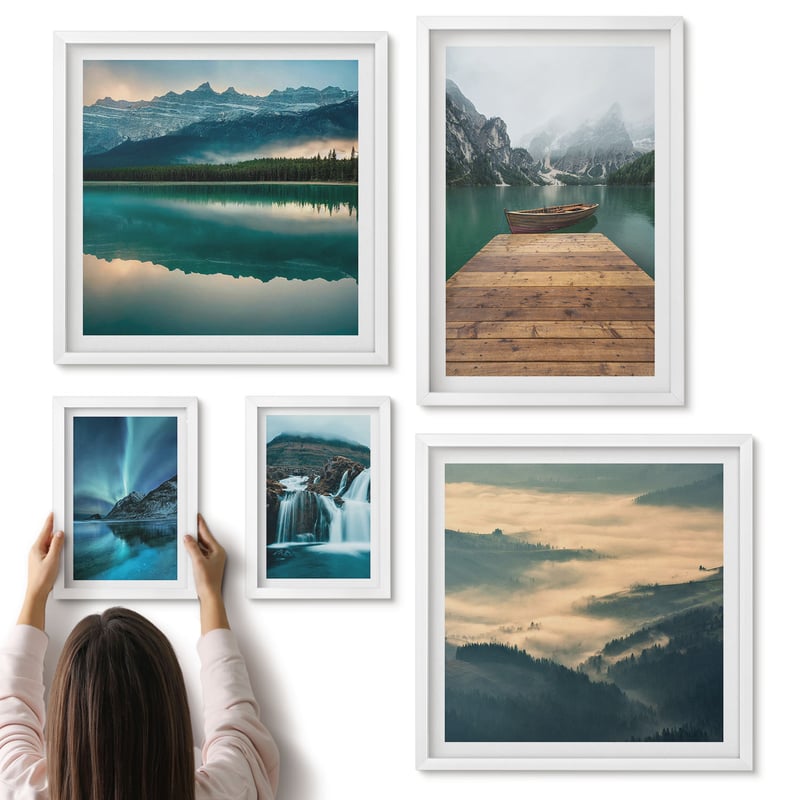 Galeria ścienna 5-częściowy komplet obrazów w białych ramach - Naturalne krajobrazy z wodospadami i górami w tle - ArtPrintCave