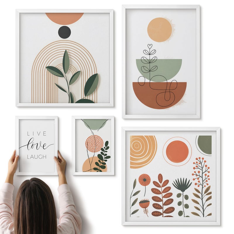 Galeria ścienna 5-częściowy komplet obrazów w białych ramach - Stylowe grafiki z roślinnymi motywami i geometrycznymi kształtami - ArtPrintCave