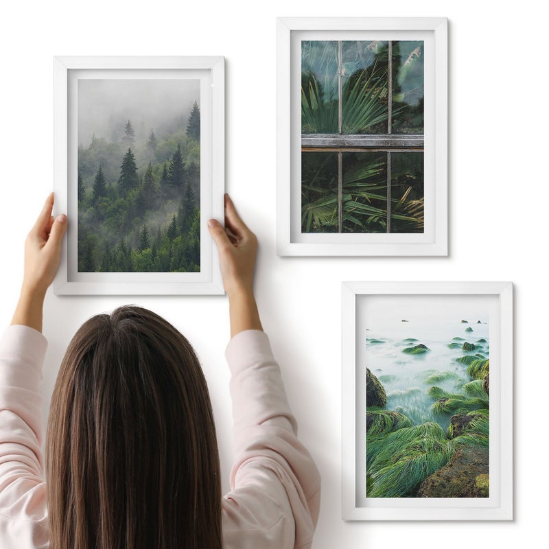 Galeria ścienna 3-częściowy komplet obrazów w białych ramach - Las we mgle brzeg rzeki i szklarnia z roślinami - ArtPrintCave