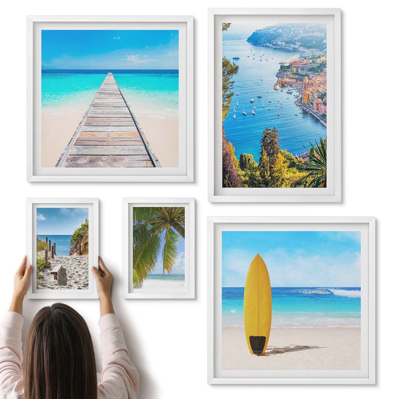 Galeria ścienna 5-częściowy komplet obrazów w białych ramach - Krajobrazy nadmorskie z plażami i wodami turkusowymi - ArtPrintCave