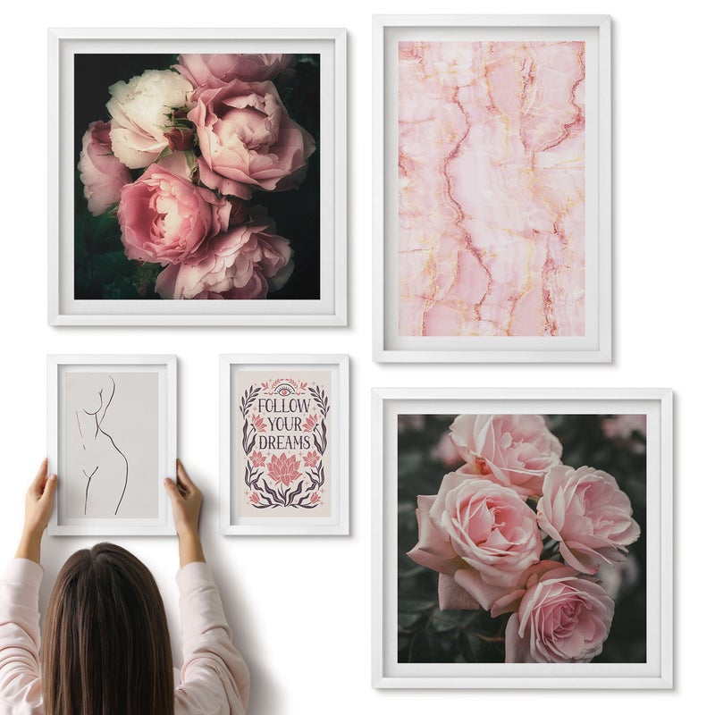 Galeria ścienna 5-częściowy komplet obrazów w białych ramach - Różowe kwiaty i minimalistyczne formy w stylu boho - ArtPrintCave