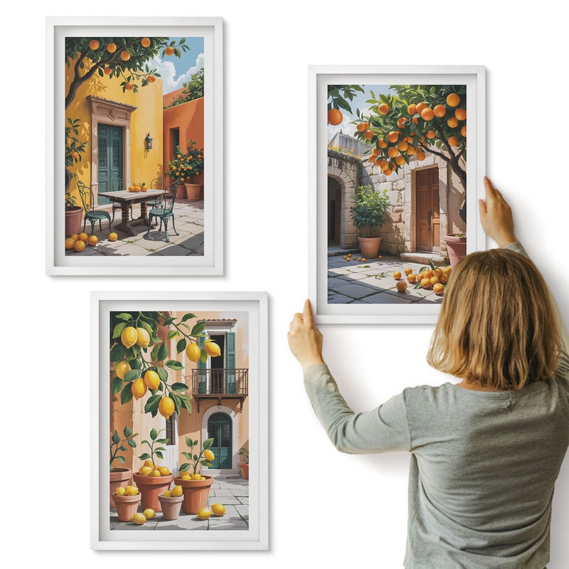 Galeria ścienna 3-częściowy komplet obrazów w białych ramach - Owoce cytrusowe w słonecznej scenerii ogrodowej - ArtPrintCave