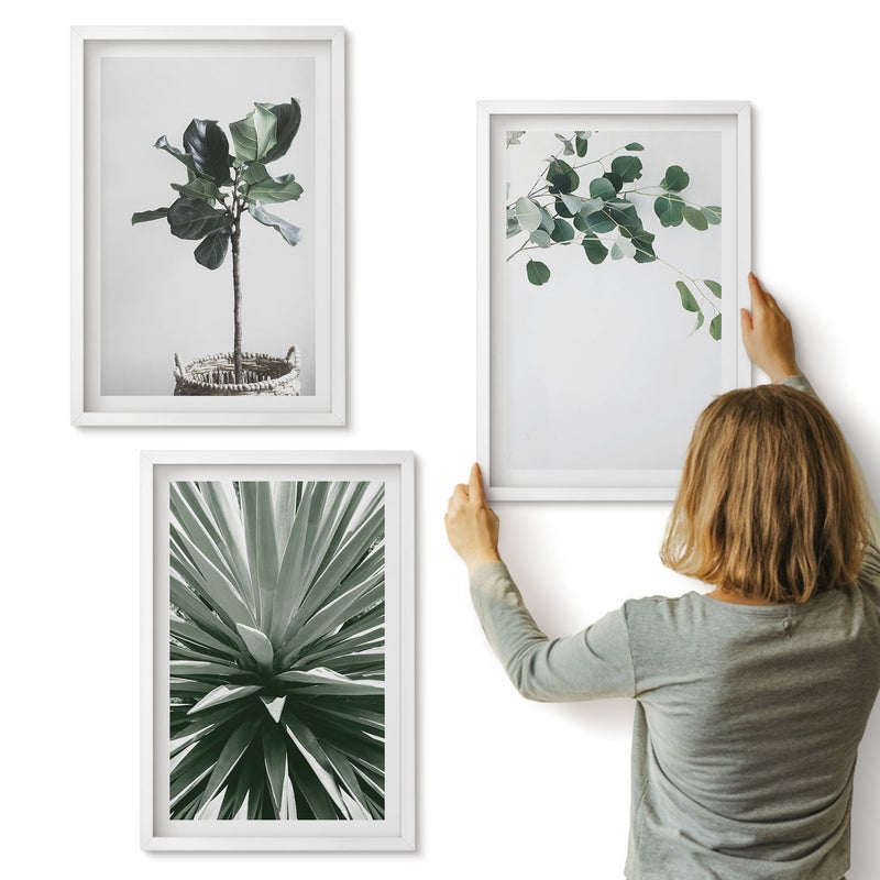 Galeria ścienna 3-częściowy komplet obrazów w białych ramach - Zielone rośliny w minimalistycznym stylu - ArtPrintCave
