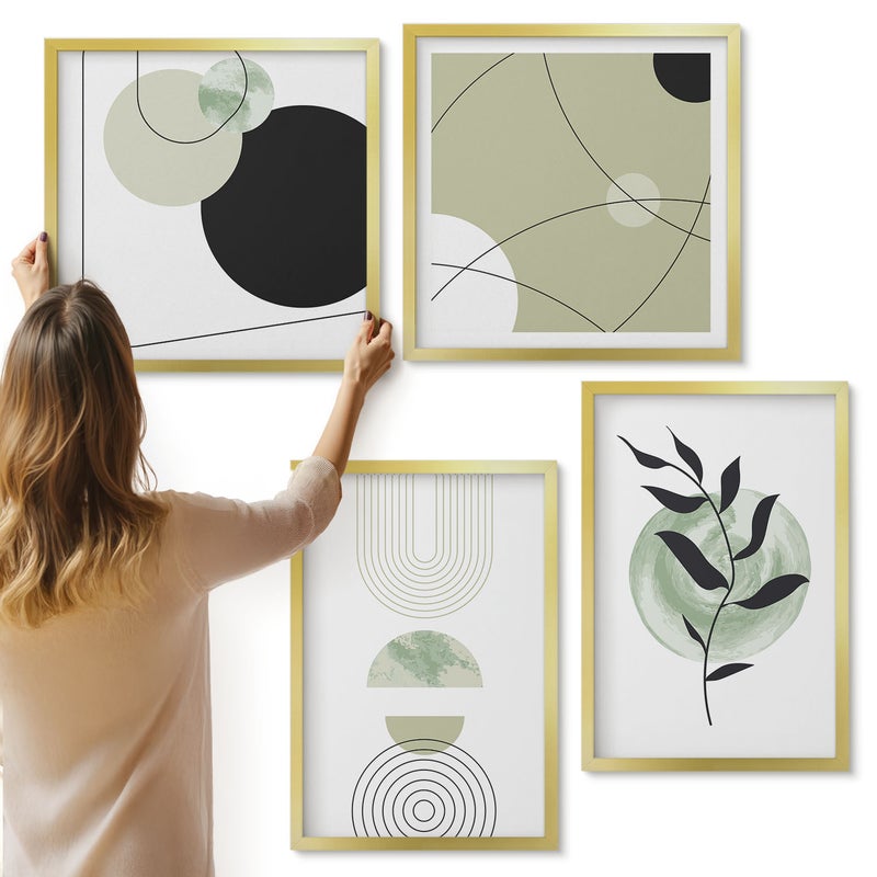 Galeria ścienna 4-częściowy komplet obrazów w złotych ramach - Abstrakcyjne kształty i roślinne motywy w zieleni - ArtPrintCave