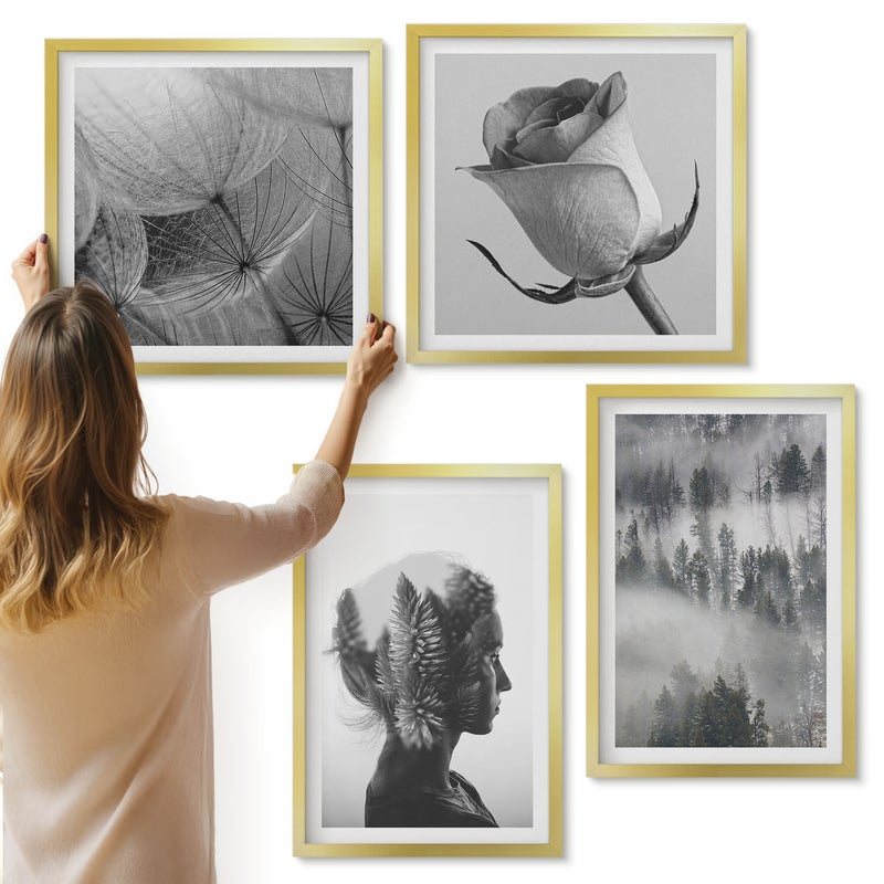 Galeria ścienna 4-częściowy komplet obrazów w złotych ramach - Melancholijny las we mgle portret kobiety rośliny - ArtPrintCave