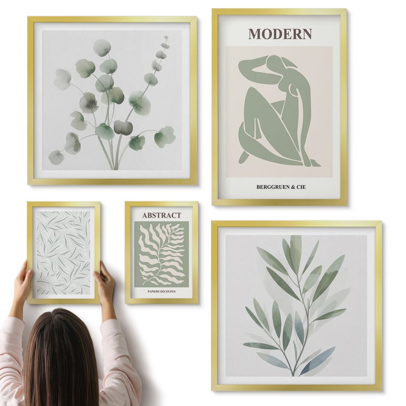 Galeria ścienna 5-częściowy komplet obrazów w złotych ramach - Stylowe roślinne motywy w nowoczesnej estetyce dekoracyjnej - ArtPrintCave